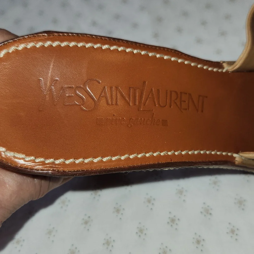 Yves Saint Laurent Tan Leather Cross-strap Heels Platform Slides Size 39/8.5